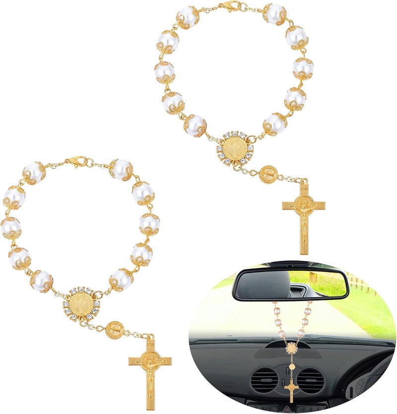 COBEE Car Rosary, 2-Piece Cross Auto Rosary, Rear View Mirror Pendant, Car Hanging Accessories, Interior Decor for Women & Men (Gold) - Image 1